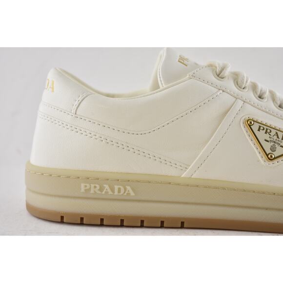 Prada Downtown Ivory Nappa Leather Gold Logo Flat Low Top Trainer Sneaker 41 - Picture 7 of 16